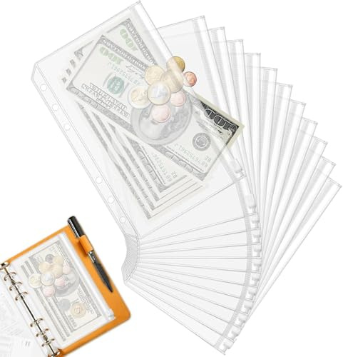 12 Stück A5 Binder Taschen, Klarsichthüllen A5 | 6 Löcher Wasserdicht Transparente Budget Binder Reißverschluss für Geldscheine Aufbewahrung Notizbücher Dokumente