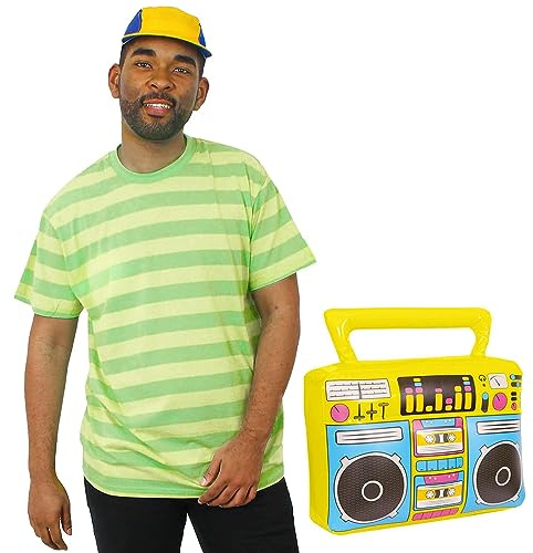Bel Air Prince Kostüm – Neongelb & Grün gestreiftes T-Shirt + gelbe & blaue Baseballkappe + aufblasbare gelbe Bumbox – Erwachsene Retro-TV-Charakter 90er Jahre Outfit (Größe: XXL)