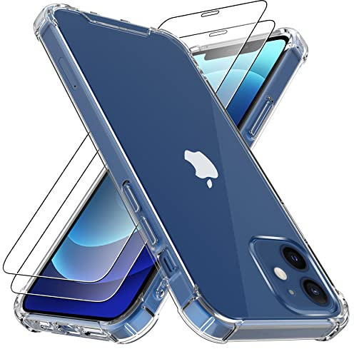 4youquality 3-in-1 Case for iPhone 12 & 12 Pro with 2x Screen Protector | Tempered Glass Protector, Airbag Drop Protection, Clear Bumper Phone Cover, Shockproof, Anti-Scratch, Impact-Protection