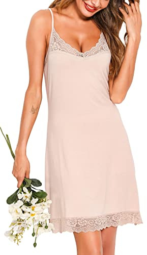 Vlazom Nachthemd Damen Spitze Unterkleid Sexy Negligee mit überkreuztem Schultergürtel knielanges Unterkleid(M,Beige)