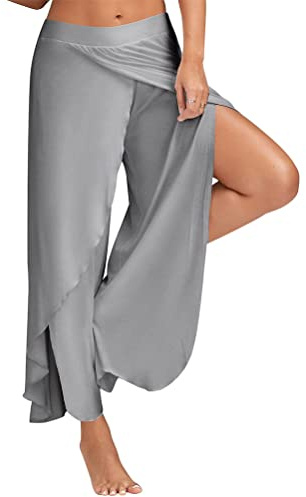 Onsoyours Pantalon de Yoga à Fente Haute pour Femmes Eté Pantalon d'entraînement Léger à la Mode Ample Pantalon Palazzo décontracté à Superposition Fluide A Gris S