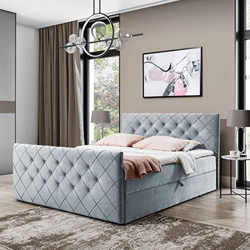 Boxspringbett Doppelbett MONAKO - Bett mit Bonellmatratze, mit Bettkasten für Bettwäsche und Topper. Gepolstertes Kopfteil und Fussteil mit Einer eleganten Steppung verziert (Hell grau, 140x200)