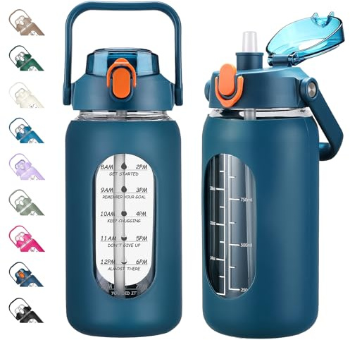 1.2L Glass Water Bottles with Straw, Motivational Glass Bottle with Silicone Sleeve and Time Marker, Leak Proof Large Glass Water Jug for Home Office Gym, Blue