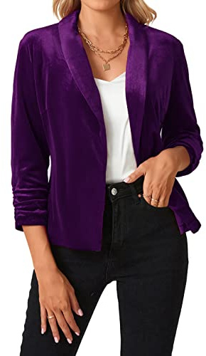 MINTLIMIT Women's Blazer 3/4 Ruched Sleeve Velvet Open Front Jacket Suit Plain Work Office Tops Coat Outerwear