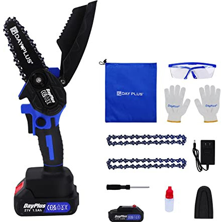 Mini Tronçonneuse à Batterie 4 Pouces, Tronçonneuse Électrique Sans Fil Brushless avec Batteries 1.5Ah, 2 Chaînes, 600W Scie Électrique à Main pour la Coupe du bois, l'élagage le Jardin