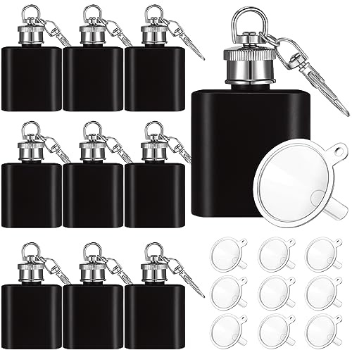 Bokon 10 Pcs Mini Keychain Flask Bulk 1oz Stainless Steel Hip Jar Pocket Hidden Flask for Liquor Men Women Groomsmen Gifts with 10 Plastic Funnels(Black)