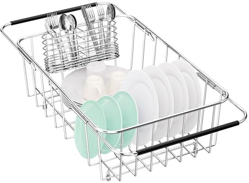 Fanbsy Small Dish Drainer Rack in Sink Adjustable, Expandable Stainless Steel Metal Dish Drying Rack Organizer with Stainless Steel Utensil Holder Over Inside Sink Counter, Rustproof(for 1-2 People)