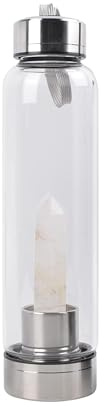 Queemie Claro Cuarzo Cristal Agua Botella, Acero Inoxidable Vidrio Blanco Piedra Preciosa Obelisco Varita Energía Taza Deportes Taza Natural Bienestar Curación 550ml