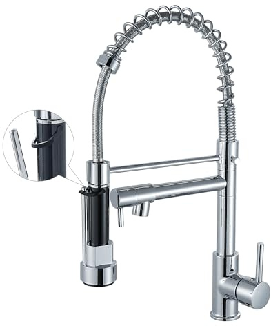 Grifo de cocina con rociador desplegable de arco alto, grifo de fregadero de cocina con resorte de una sola manija, cromo brillante