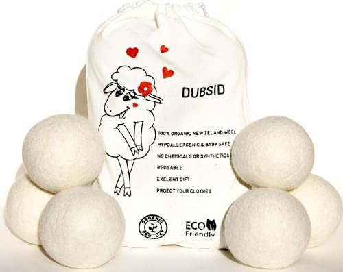 Bolas de lana de secadora, Suavizante natural, Eliminación de estática, Secado rápido, Reutilizable y ecológico, Ropa suave y esponjosa, Pilota de Secadora, Bolsa de Algodón Incluida.