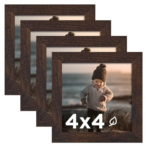 KINLINK 4x4 Picture Frame Brown Set of 4, Wooden Square Photo Frames with Plexiglass for 4x4 without Mat for Table and Wall Display