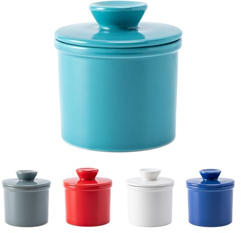 Husfunov Mantequera con línea de agua para mostrador, mantequillera francesa con tapa, recipiente de mantequilla de cerámica para mantequilla fresca untable, turquesa