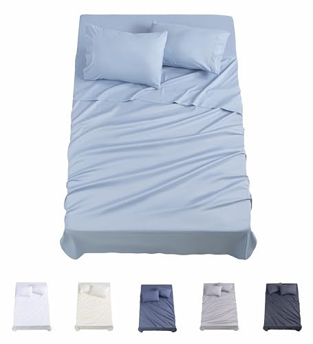 Todocama Juego de Sábanas de 4 Piezas - 3001 - Sábana Bajera Ajustable - Encimera - Dos Fundas de Almohada de 50x80cm, (Cama 135-135x190/200 cm, Azul Claro)