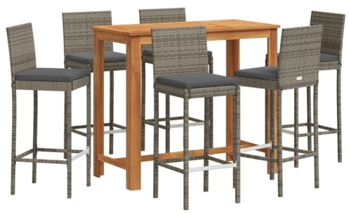 vidaXL Gartenbar Set 7-TLG., Bar Tresen Theke Bartisch Barhocker, Barset Sitzgruppe für Garten Terrasse, Gartentheke Gartenmöbel, Grau Massivholz Akazie Poly Rattan