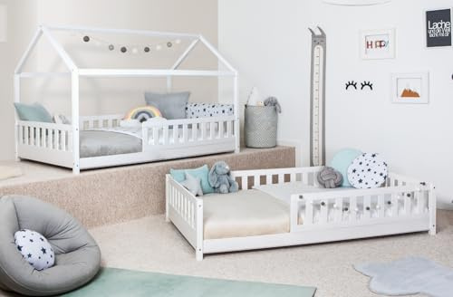 TiCAA 2 in 1 Bodenbett wandelbar mit abnehmbaren Dach 90x200 cm, 100x200 cm, 120x200 cm, 140x200 für Jungen & Mädchen, inkl. Rolllattenrost, Rausfallschutz variabel, weiß aus Kiefer Massivholz