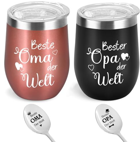 Livole Geschenke für Großmutter und Großvater, Vatertag Muttertag Geschenk, Großmutter Thermobecher mit Strohhalmen, doppelwandige Weinbecher, 350 ml Becher