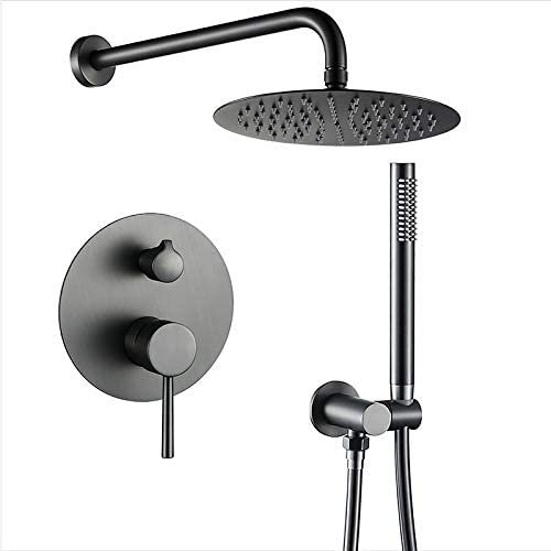 XUSHIQMG Regenduschsystem, gebürstetes graues Regenmisch-Dusch-Kombi-Set, wandmontiertes Badezimmer-Duscharmatur-Set mit rundem Duschkopf, Handbrause, eingebetteter Box
