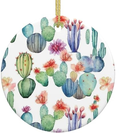 Pendentif en céramique aquarelle cactus de Noël, ornements ronds à suspendre, décorations de vacances pour sapin de Noël, maison, décoration de centre commercial