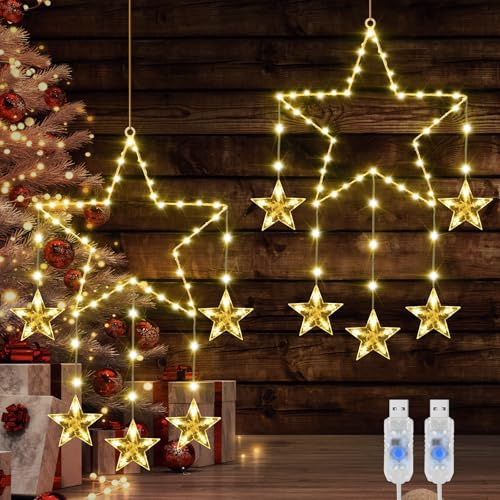 Abverkauf für LED Fensterdeko Weihnachten Beleuchtet, 2 Stück 62 LED Weihnachtsbeleuchtung Fenster Stern USB-stecker Angetrieben Weihnachtsstern Weihnachtsdeko Fenster Beleuchtet Warmweißen