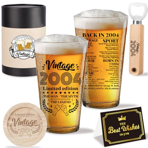 FBCCZEY Funny 21st Birthday Gifts for Him Birthday Gifts for 21 Year Old Men 21st Birthday Vintage 2004 Beer Drinking Glass Happy Anniversary 21st Birthday Party Decorations for Him