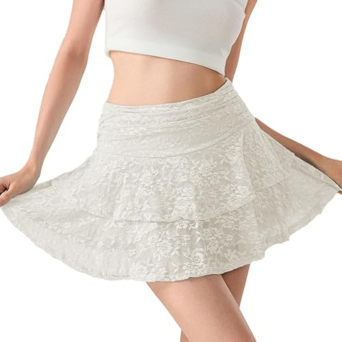 Donne Floreale Pizzo Slip Gonne A Vita Bassa Volant A Strato Pieghettato Mini Gonne Y2k Flowy Gonna corta, Bianco-2, S