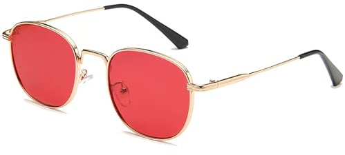 RUNHUIS Klassische Quadratische Sonnenbrille für Herren Damen Vintage Runde Brille mit Metallrahmen und UV400-Schutz (Gold/Rot)