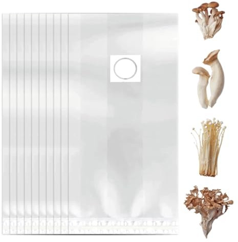 WUSJCOF 10 Pezzi Sacchetti per Coltivazione Funghi, Resistenti e Durevoli, con Filtro, Antistrappo e Robusti, per Funghi e Cereali (32 x 50 cm)