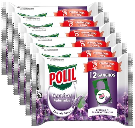Polil Pastillas Lavanda Fresca, Eficacia Contra Polillas, Perfuma Armarios y Ropa, No Mancha la Ropa, Hasta 2 Meses de Duración, Pack de 6 = 12 Ganchos