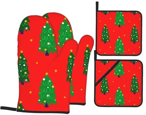 Ofenhandschuhe und Topflappen-Set, grüner Weihnachtsbaum, hitzebeständig, Küchen-Backhandschuhe, rutschfeste Oberfläche zum Kochen, Backen, Grillen, Grillen