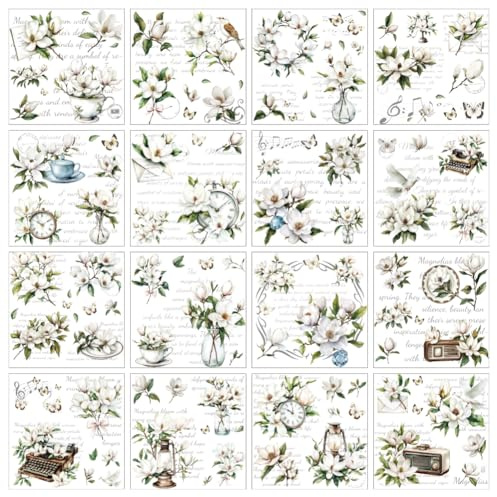 arricraft 16 Blatt Rubbel Transferfolien Zum Basteln Transferaufkleber Im Retro Stil „White Magnolia“ Aus PVC Zum Aufreiben Für Heimwerker Möbel Fenster Holz 5.5x5.5mm
