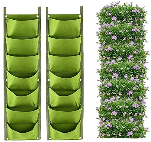 LITLANDSTAR 2 Stück Hängende Pflanzgefäßtaschen, 7 Taschen Hängende Vliesstoff Pflanztasche Zuchttaschen Outdoor Indoor Gardening Vertikale Begrünung Blumenbehälter, Grün