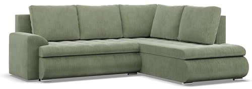 Mebligo - Ecksofa mit Schlaffunktion und 2 Bettkasten Cord - Grün 230x89x200 (BxHxT) FORESTA - Rechts Eckcouch, Sofas & Couches, Couch L Form, Cauchsofa, Sofa Wohnzimmer, Ecke Sofa