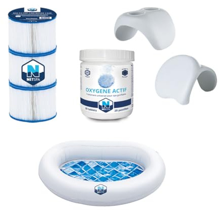 NETSPA - Kit de accesorios para spa, 3 cartuchos de filtración + 20 pastillas de oxígeno + reposacabezas/portavasos + lavabo enjuague pies