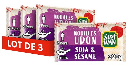 SUZI WAN Nouilles Précuites WOK Udon Soja Sésame (2x160g) - Lot de 3