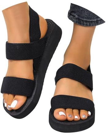 Flache Sandalen Damen Sommer - Offene Schuhe Schicke Bequem Latschen Breite Füße Sommerschuhe Sandaletten mit Elastischen Riemen Outdoor Sport Plateau Sandals für Freizeit Alltag, Schwarz 41