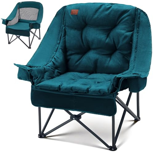 EVER ADVANCED 2-i-1-campingstol, vikbar överdimensionerad med avtagbar 6 cm tjock stoppning, 180 kg lastbar, fällstol inklusive sidofickor, kylfack och mugghållare för camping, trädgård, fiske