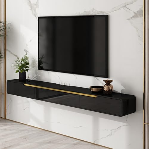 Moderno mobile per TV sospeso – Mensola a parete lucida bianco e oro media consolle con contenitore 240 cm elegante unità di intrattenimento domestico per soggiorno