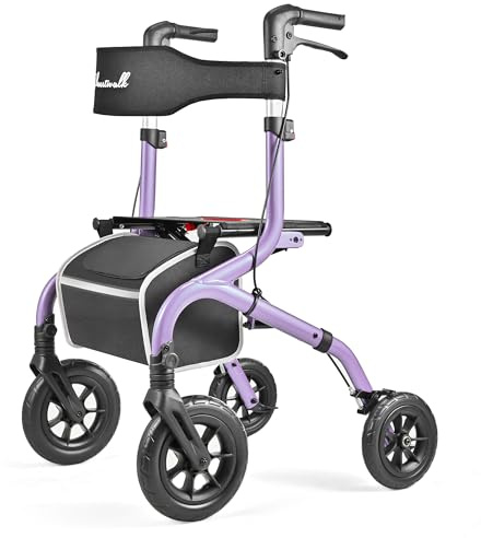 PLANET WALK Foldable Rollator Walker: 10 & 8 All-Terrain Wheels, 300lb Capacity, Treaded Rubber Tires, Breathable Seat & Backrest, Lightweight Mobility Aid for Seniors, Purple