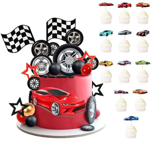 QingWing 40 Stück Autothema Kuchen Dekore Rennauto Tortendeko Set | Renn Auto Tortendeko mit Karierte Rennflagge Sportwagen Car Cupcake Toppers Geeignet für Geburtstagsparty Zubehör, Rot