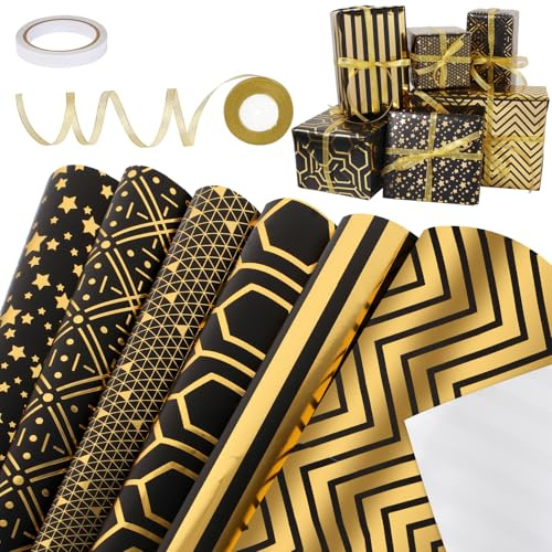 Lot de 6 feuilles de papier cadeau d'anniversaire - Noir et doré - Avec ruban doré - Pour anniversaire, mariage, Noël, fête - 70 x 50 cm