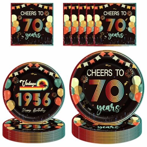 PURCAFT 72Pcs Vintage 70th Birthday Decorations Tableware Set Back in 1956 Paper Plates Napkins Cheers to 70 Years Disposable Tableware Decor for Women Men 70th Birthday Party Favor Serve 24 Guests