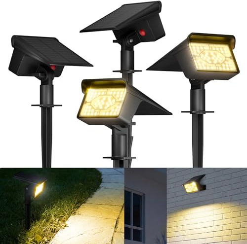 FLOWood IP68 Solarstrahler für Außen mit 60 LED, Warmweiß, 4 Stück | Solarlampen für Außen, 3 Helligkeitsmodi, 1500 mAh Akku, IP68 wasserdicht, für Garten, Rasen, Auffahrt, Gehweg und Terrasse