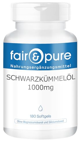 Fair & Pure Huile de nigelle 1000mg, 180 pièces, 1000mg d'huile de nigelle par gélule, pressée à froid, complément alimentaire sans additifs, fabriqué en Allemagne