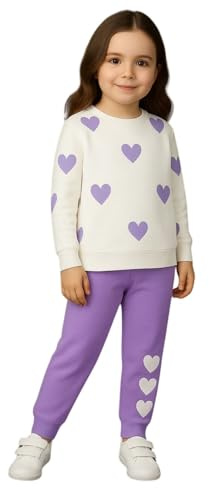 milano kids Tuta da bambina 2 – 6 anni Cuori Set 2 pezzi Cotone Felpa e Pantaloni Jogging Tenuta Confortevole Stagione Mezza Stagione Bianco Rosa Viola