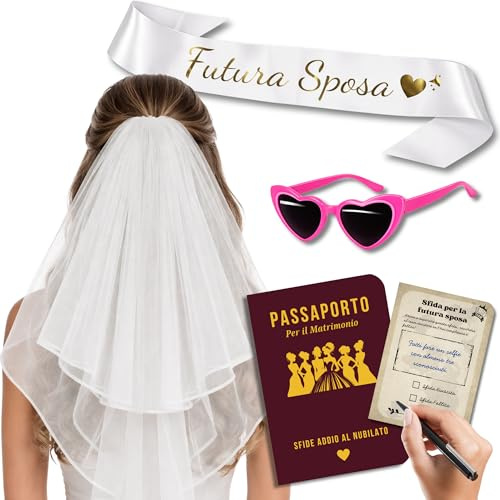 Addio al Nubilato – Kit con Velo Sposa, Fascia Bride to Be e Occhiali a Cuore | Passaporto Giochi e Sfide Divertenti, Gadget e Accessori per Bachelorette Party - Team Bride