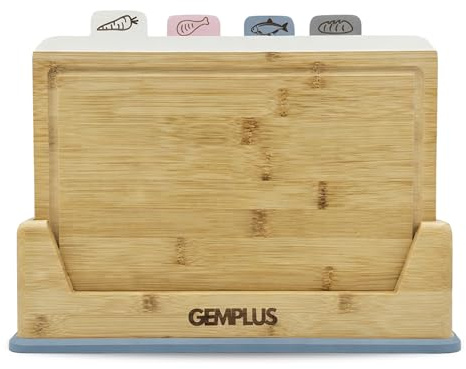 GEM+| Bamboo Chopping Boards Set of 4 with Stand, Colour Coded Cutting Boards, Wooden Chopping Board Set for Kitchen, Food Prep Boards for Meat Fish Vegetables Bread (Blue Trim)