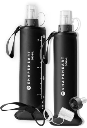 Shapeheart Gourde Souple 300 ML Flasque Running Légère Pliable Pack de 2 | Compatible Ceinture Running, Trail, Randonnée | Valve réglable | Bouchon anti-saleté | Lanière d'attache | Sans PVC et BPA