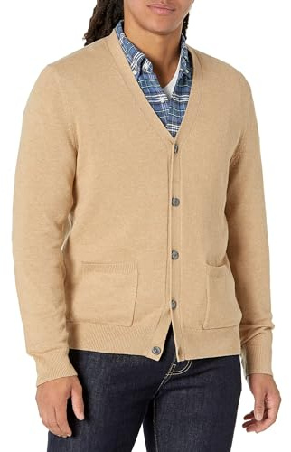 Amazon Essentials Men's V-Neck Cotton Cardigan Sweater, Camel Heather, Medium