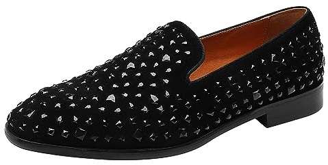 ELANROMAN Loafers Men Black Dress Fashion Tuxedo Rhinestones Slip-on Moccasins Wedding Shoes US 12