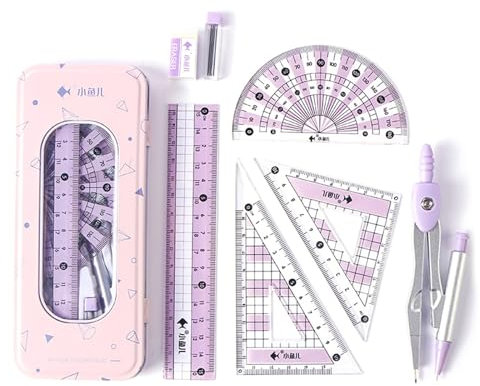 MHwan escuadra y cartabon, 7 piezas compas escolar, metal durable exterior caso conjunto, transportador y brújula conjunto con regla transportador borrador para estudiantes de matemáticas(Púrpura)